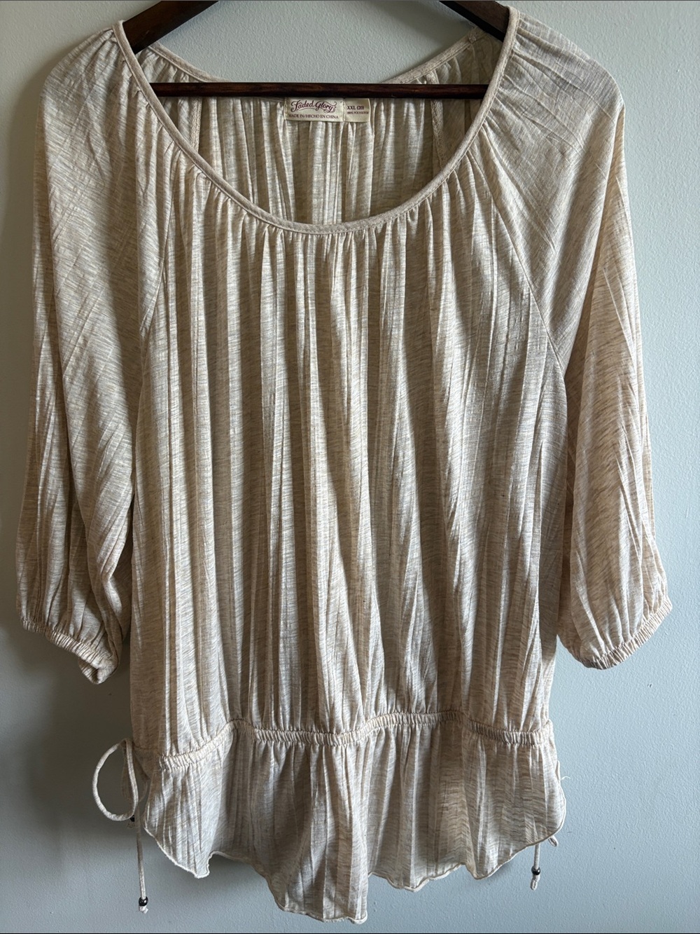 Faded Glory XXL 20 Beige Boho Peasant Top 3/4 Sleeve Ruched Drawstring Blouse